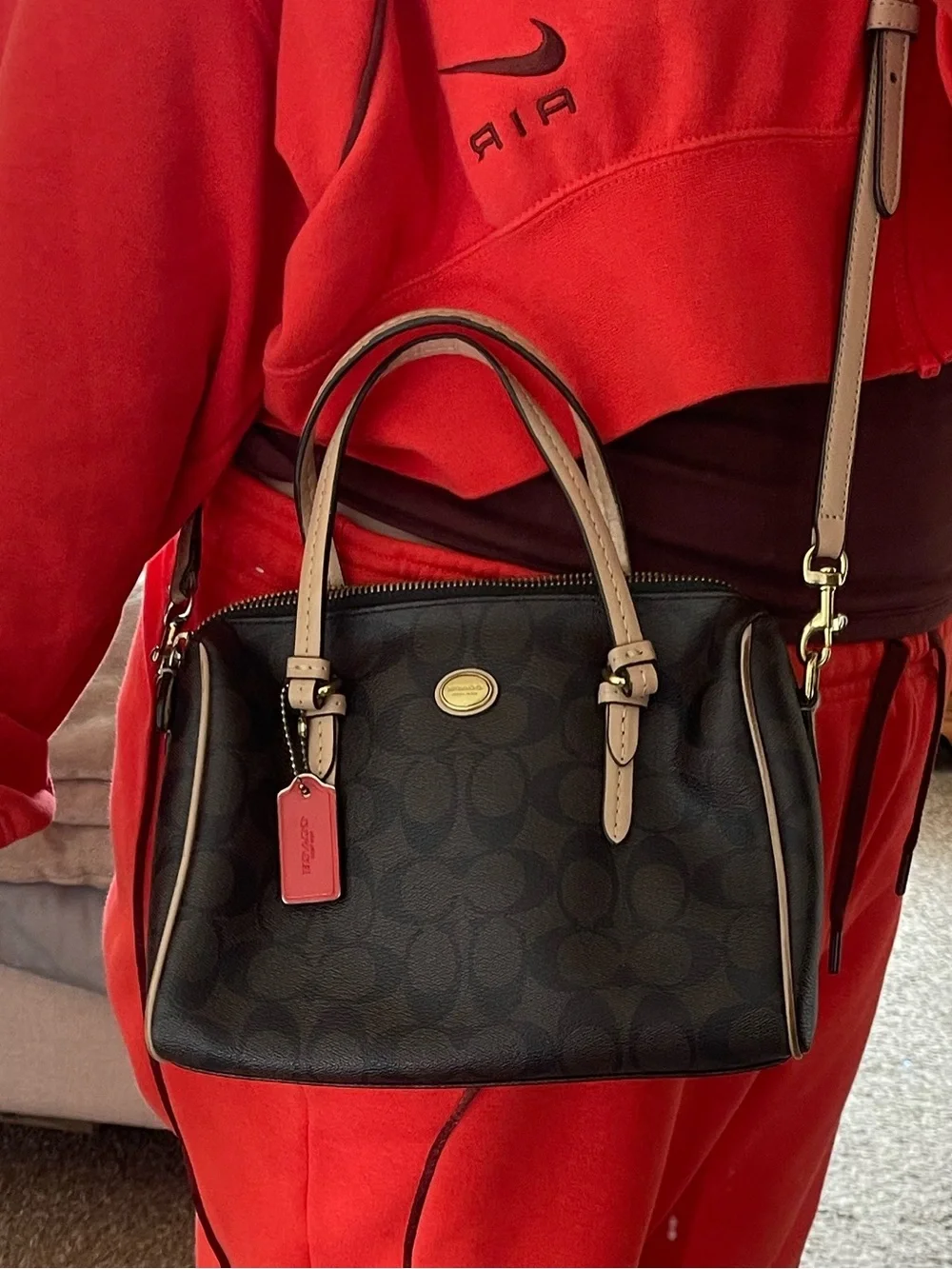 Coach Brown Signature Satchel with Beige Trim and Red Tag